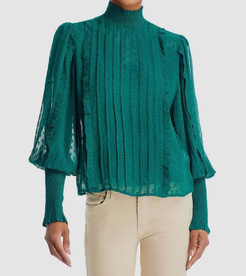 Farm Rio Women's Green Clip Dot Ruffled Smocked High Neck Blouse Top Size L